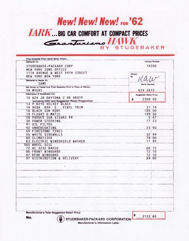 '62 Daytona window price sticker - Joe Fay